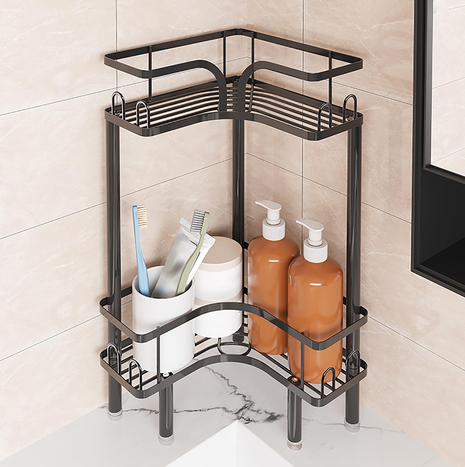 Mensola Doccia Angolare Senza Forare, Porta Shampoo Sapone Doccia Da Terra, Grande Capacità Scaffale Bagno Per Bagno Cucina(Size:2 Tier,Color:Nero)