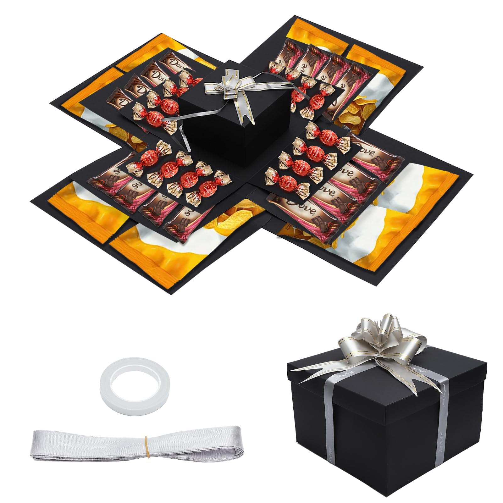 Boîte Cadeau à Explosion 5 Couches Noire - DIY Avec Couvercle - Pour Anniversaire, Mariage, Saint-Valentin - Inclut Ruban Et Adhésif