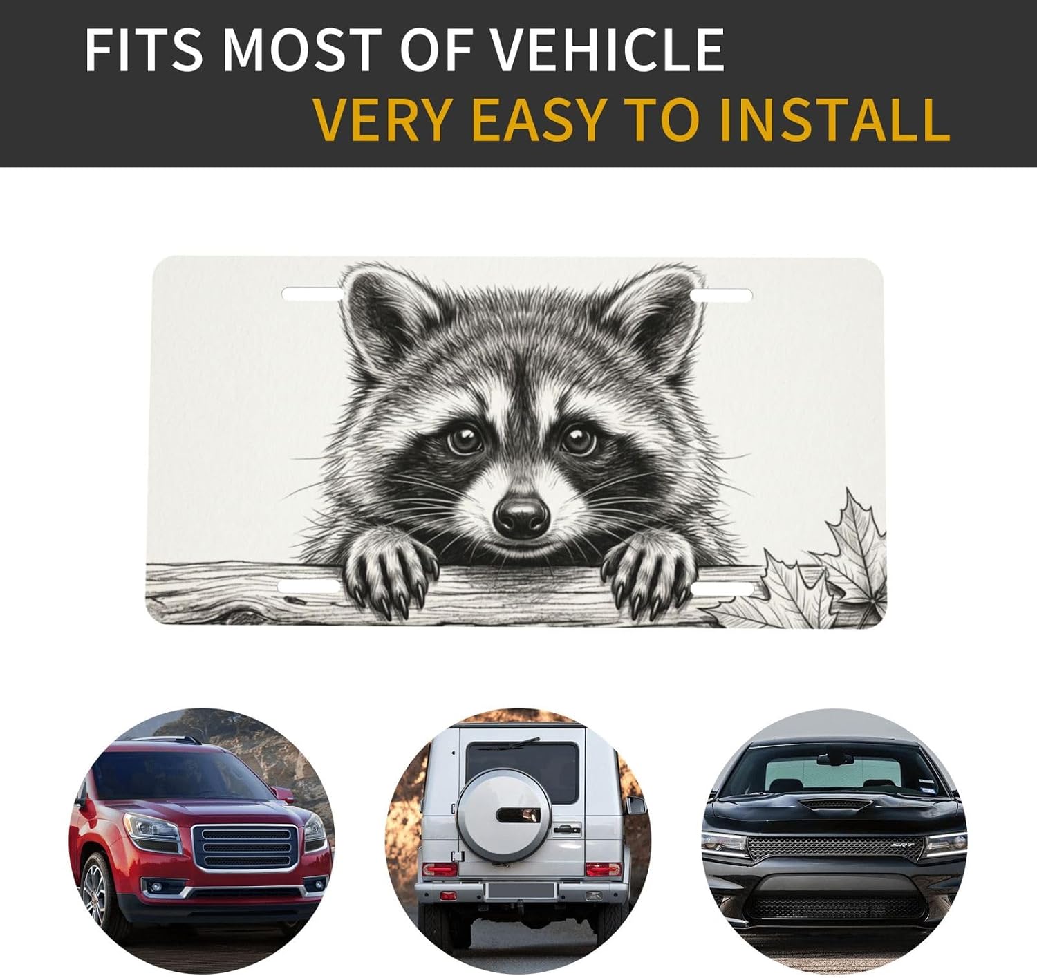 Raccoon Cute Animal Sketch Black and White License Plate Metal Car Plate Vanity Tag Aluminum Novelty Decorative Front Car Plate for Men Women Gift 6x12 Inch (4 Holes) image 4
