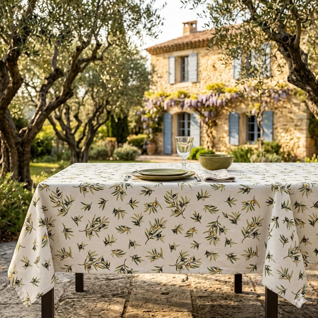 Nappe Rectangle Tapenade, Motif Olive Provençal, 75% Coton 25% Polyester, 200 cm × 150 cm, Qualité Palace