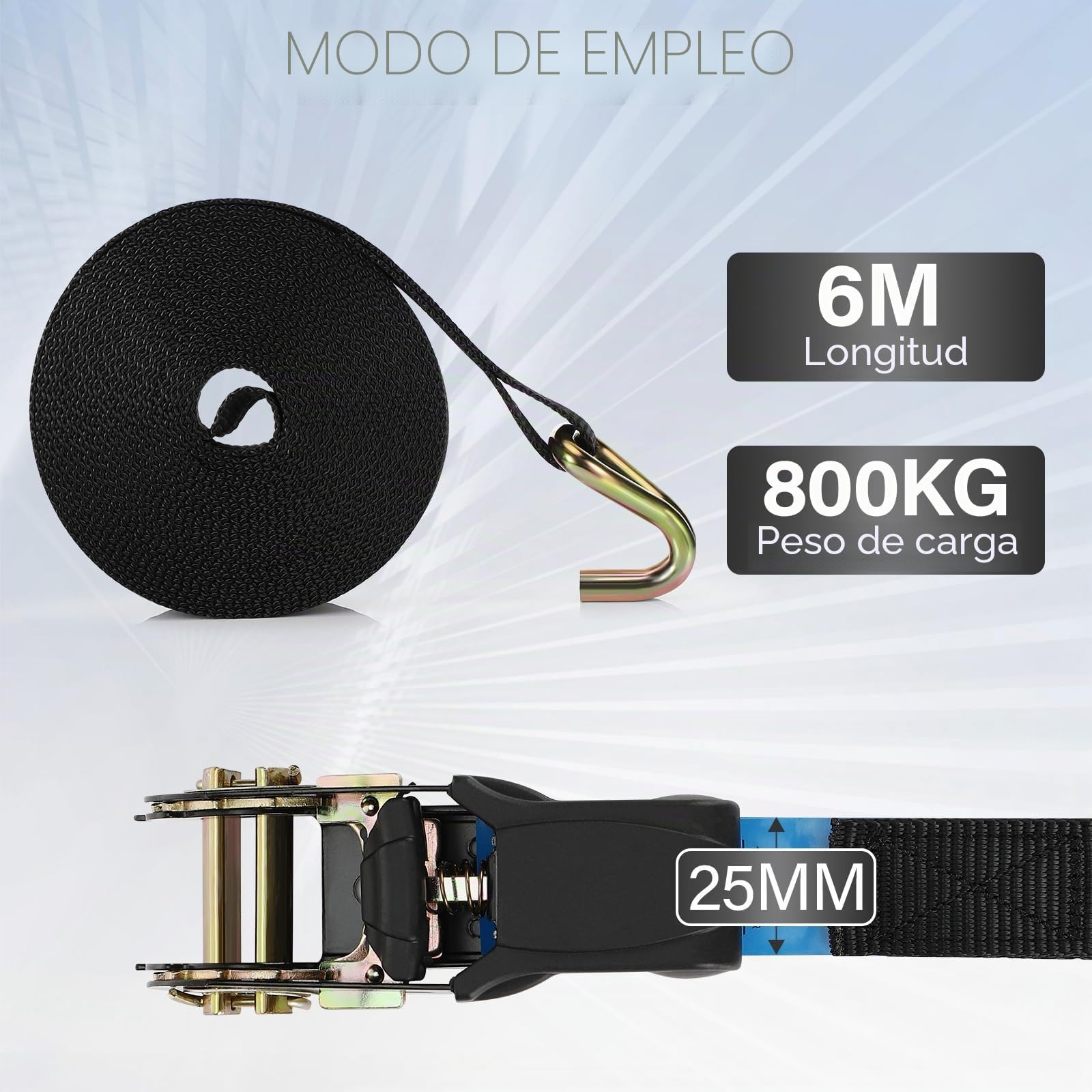 Correas de Trinquete,4 Correas tensoras con carraca,6 m x 25 mm, Cinchas de Amarre,con Correas de trinquete con Hebilla de Leva,Cinchas de Sujeción de Carga para Baca,Equipaje,Lonas,Negro
