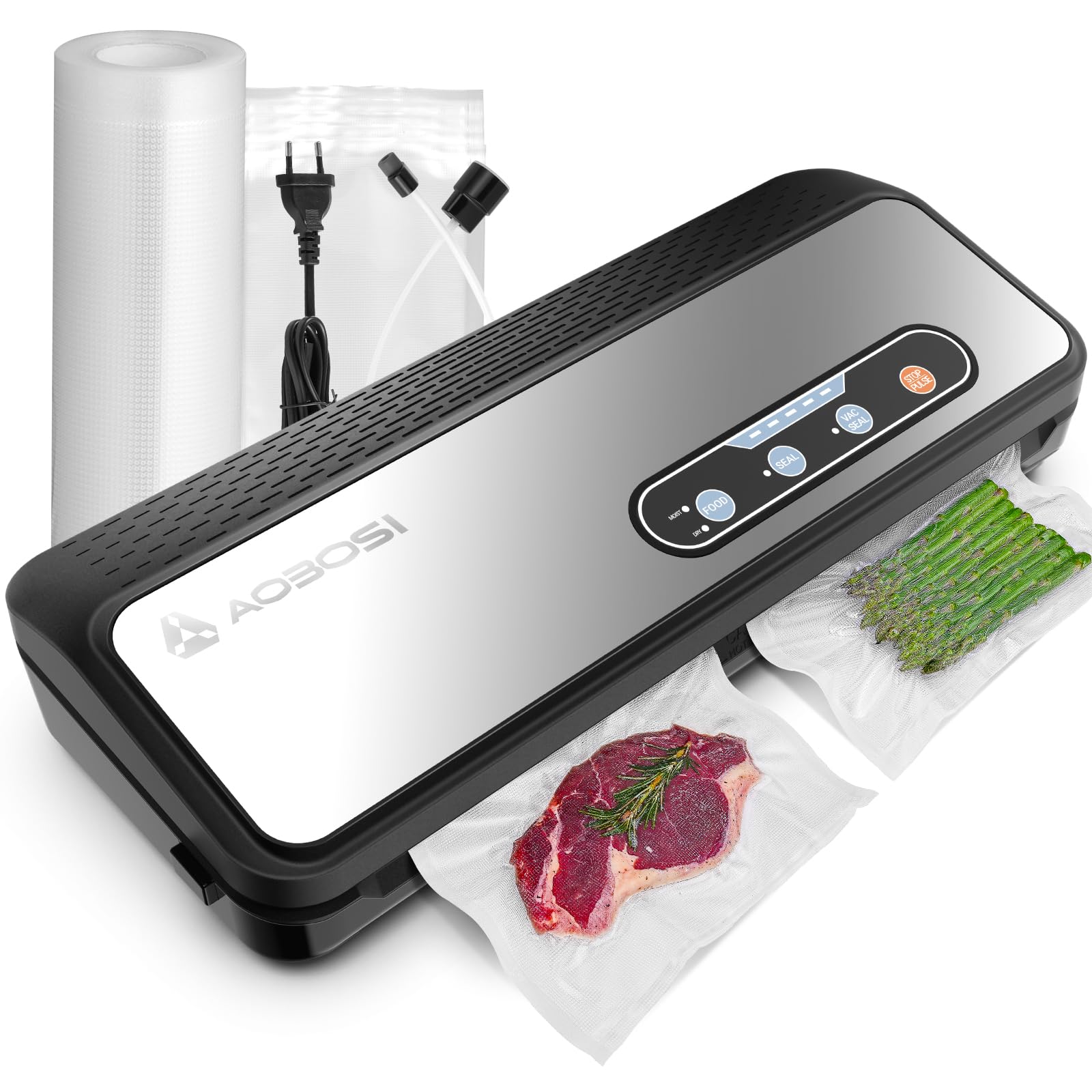 Vacuum Sealer Machine, Aobosi Powerful 90Kpa 8-IN-1 Food Vacuum Sealer for Dry/Moist Food, Built-in Cutter and Bag Storage, Bag Roll &amp; 5 Pre-cut Bags