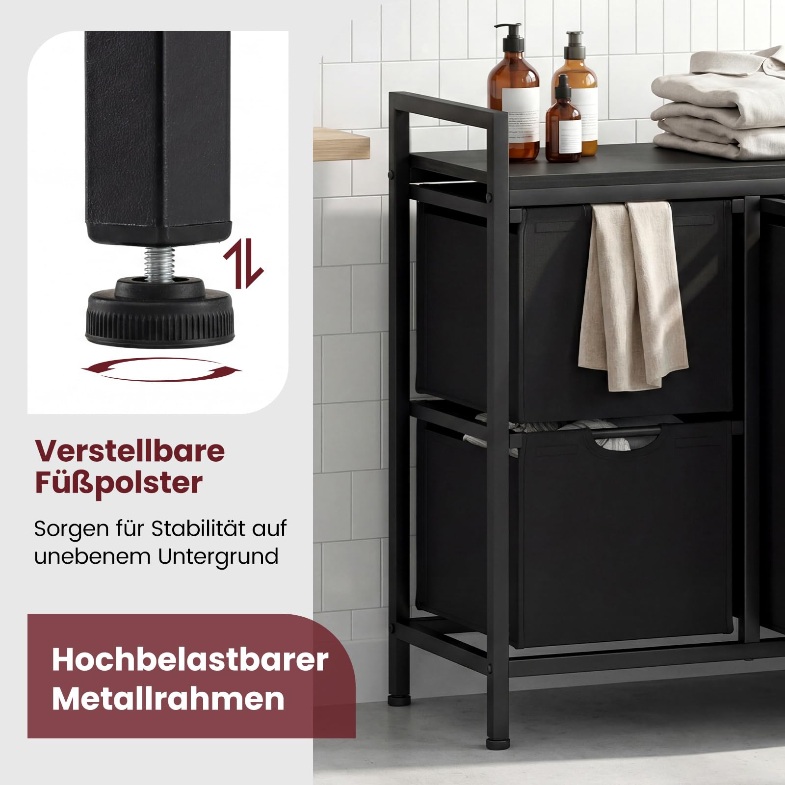 COSTWAY Wäschekorb 3 Fächer, Wäschesammler mit Ablage, 75 L Wäschesortierer mit 3 abnehmbaren Taschen & Metallrahmen, Wäschebox ausziehbar für Waschküche Badezimmer Wohnheim (3 Fächer-Schwarz)