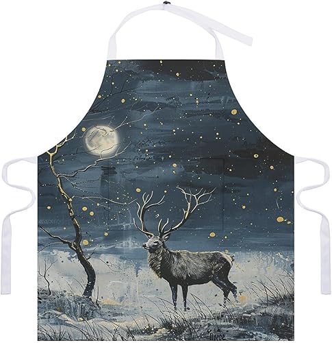 Miniatura 7 de MUSM Apron for Adults - 27.6 X 31.5 Inch, Heavy-Duty Polyester Aprons with Two Large Pockets, Waterproof Painting Under Moonlight Kitchen Apron for