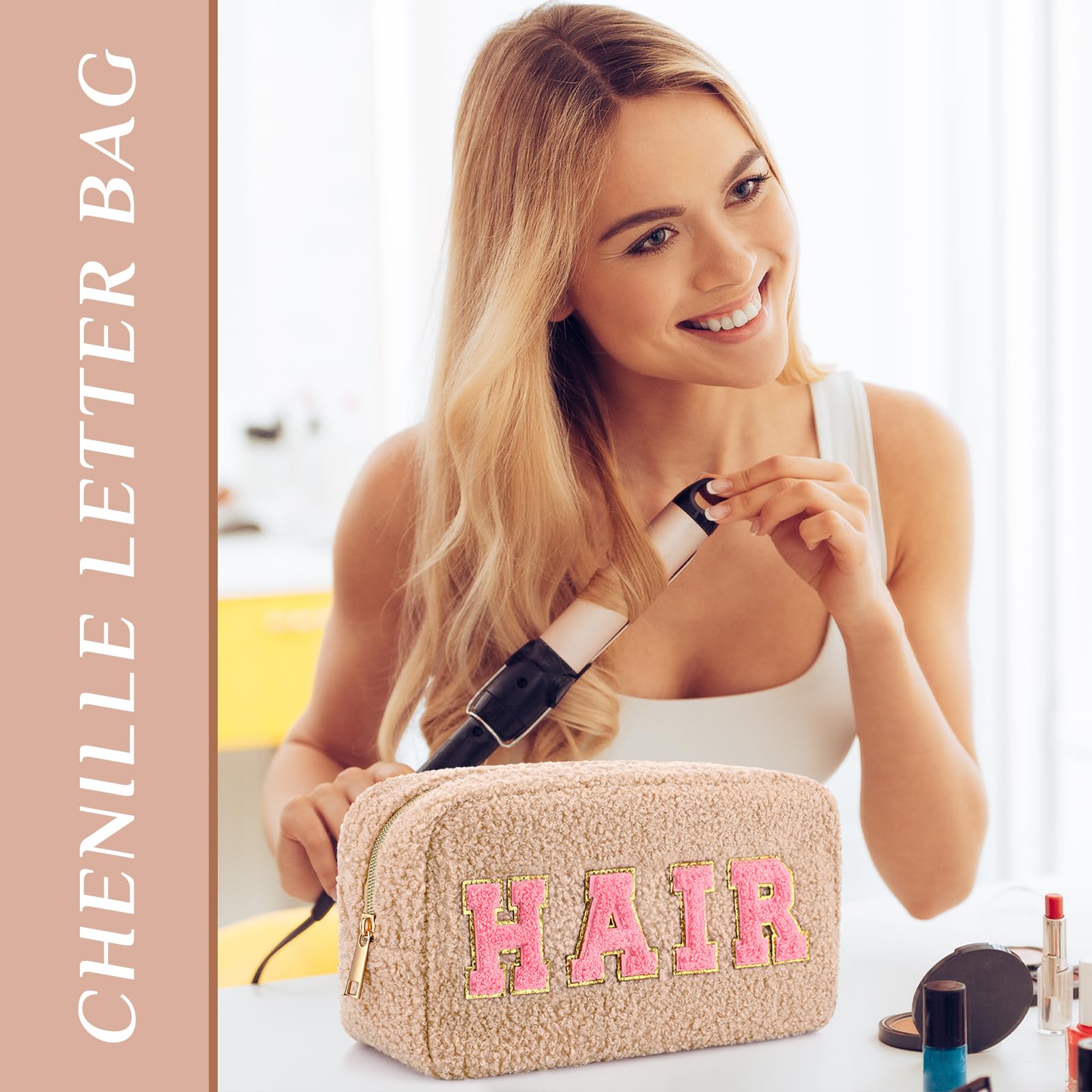 Paterr 4 Pcs Chenille Letter Preppy Makeup Bag Plush Fuzzy Makeup Bag Hair Skin Face Stuff Bag Large Cosmetic Pouch Zipper Travel Toiletry Bag for Women with Chenille Letter Patches (Warm Color)