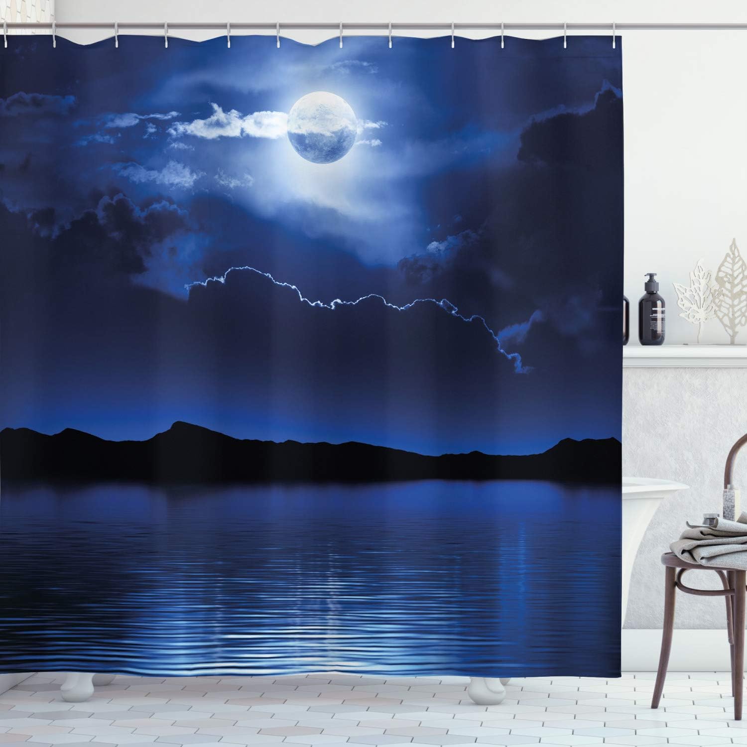 Ambesonne Night Shower Curtain, Fantasy Moon and Clouds Over Calm Water Seascape Dramatic Cloudy Dark Sky, Cloth Fabric Bathroom Decor Set with Hooks, 69" W x 75" L, Navy Blue White Black
