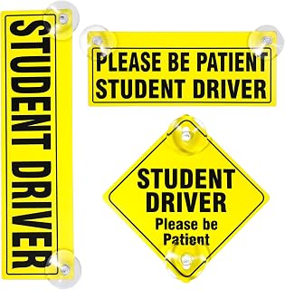 3 PCS Student Driver Signs with Suction Cup, New Driver Sticker Removable Please Be Patient Warning Signs for Car Window Bumper Reusable Reflective Safety Sign for Beginners Driving Learner