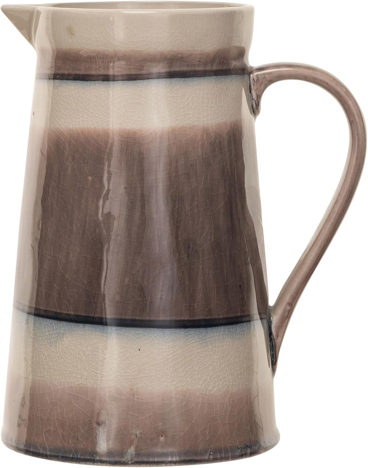 Creative Co-Op Round Stoneware Pitcher with Stripes and Crackle Glaze, Brown and Cream