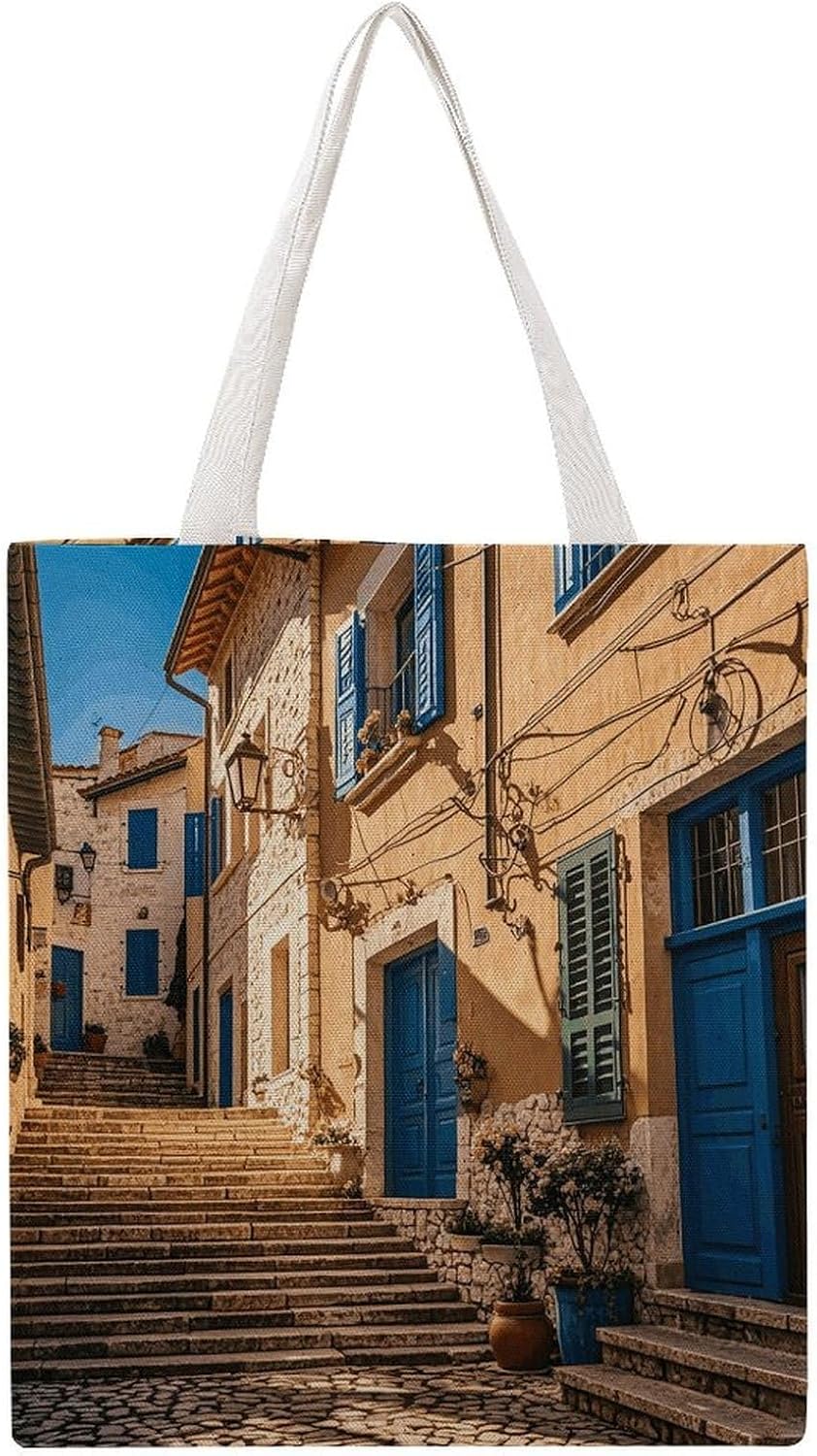 Rock House Landscape Canvas Tote Bag Reusable Grocery Bags Foldable Soft Cotton Shoulder Carry Bag