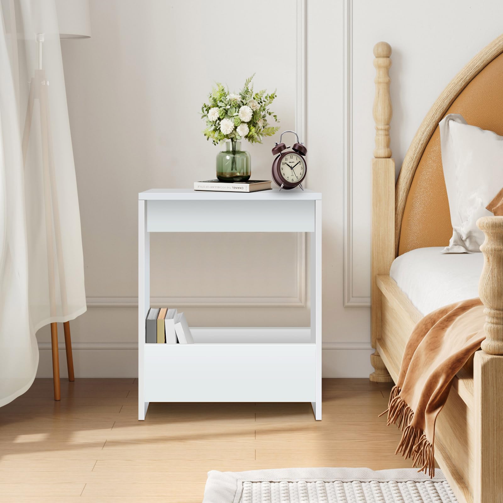 AUTOFU Narrow Side Table with Storage Shelf, 2 Tier End Table,Small Nightstand with Magazine Rack,Telephone Table for Small Spaces,for Living Room, Bedroom, Sofa, White