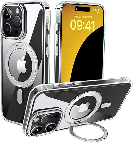 Funda para iPhone 15 Pro Max, Funda magnética con soporte de tres vías Compatible con todos los accesorios Magsafe Funda protectora transparente