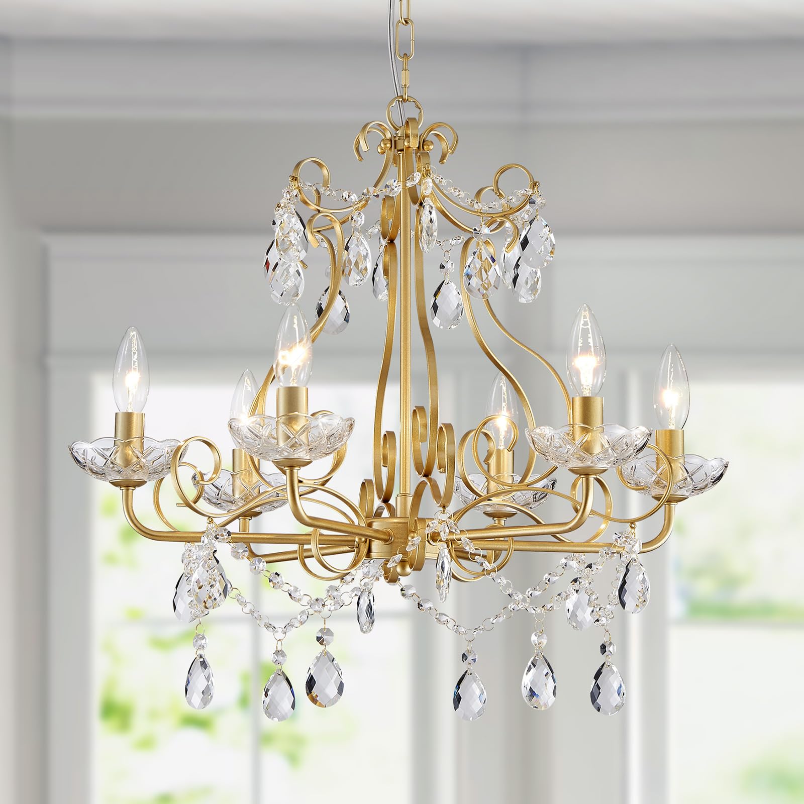 WUZUPS Crystal Candle Chandelier Pendant Flushmount Ceiling Light Modern Lighting Fixture for Bedroom Hallway Bar Kitchen Bathroom, H 55 x W 57, Gold, E14 Base โ image 1