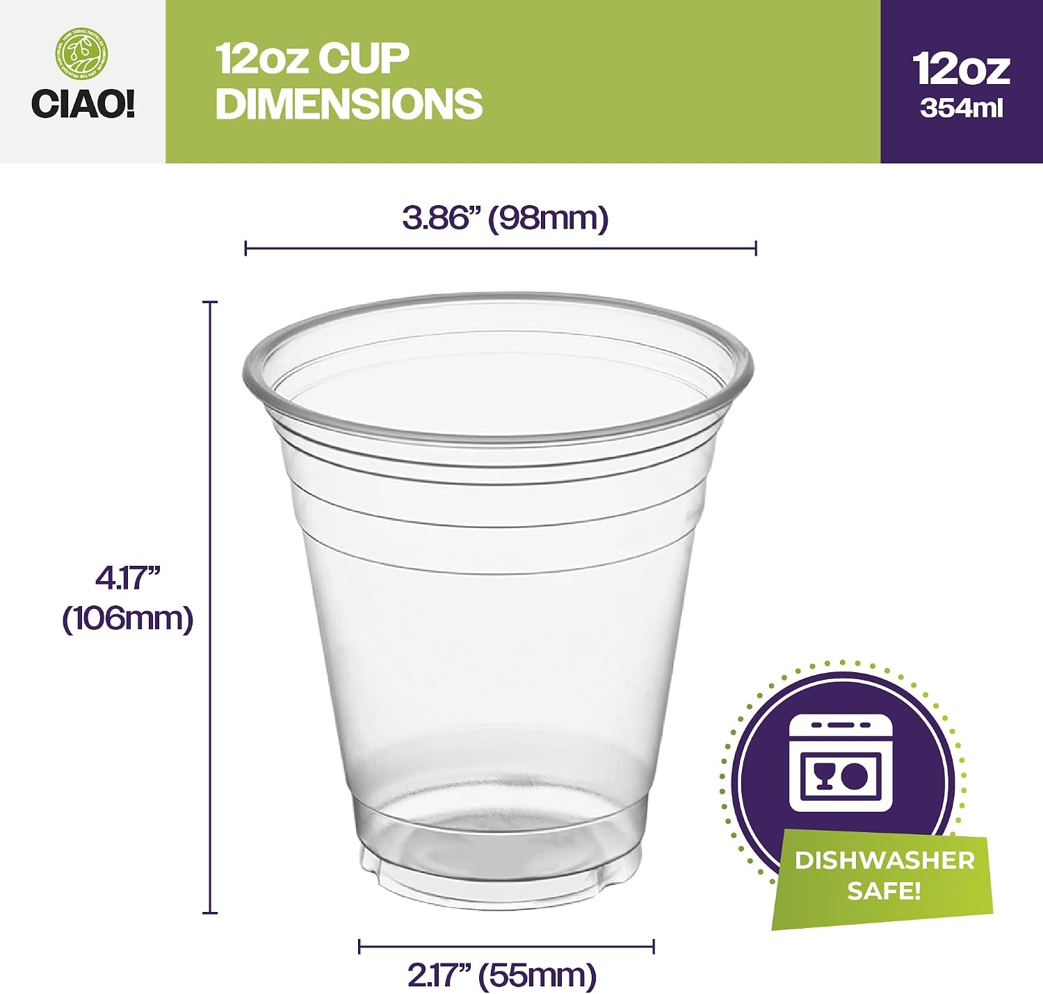 CIAO! 12OZ PP Plastic Cold Drink Cup, Desinged for Heat Seal Films, Great for Smoothies, Iced Coffee, Boba and Cold Drinks, 98mm (Case of 1,000)