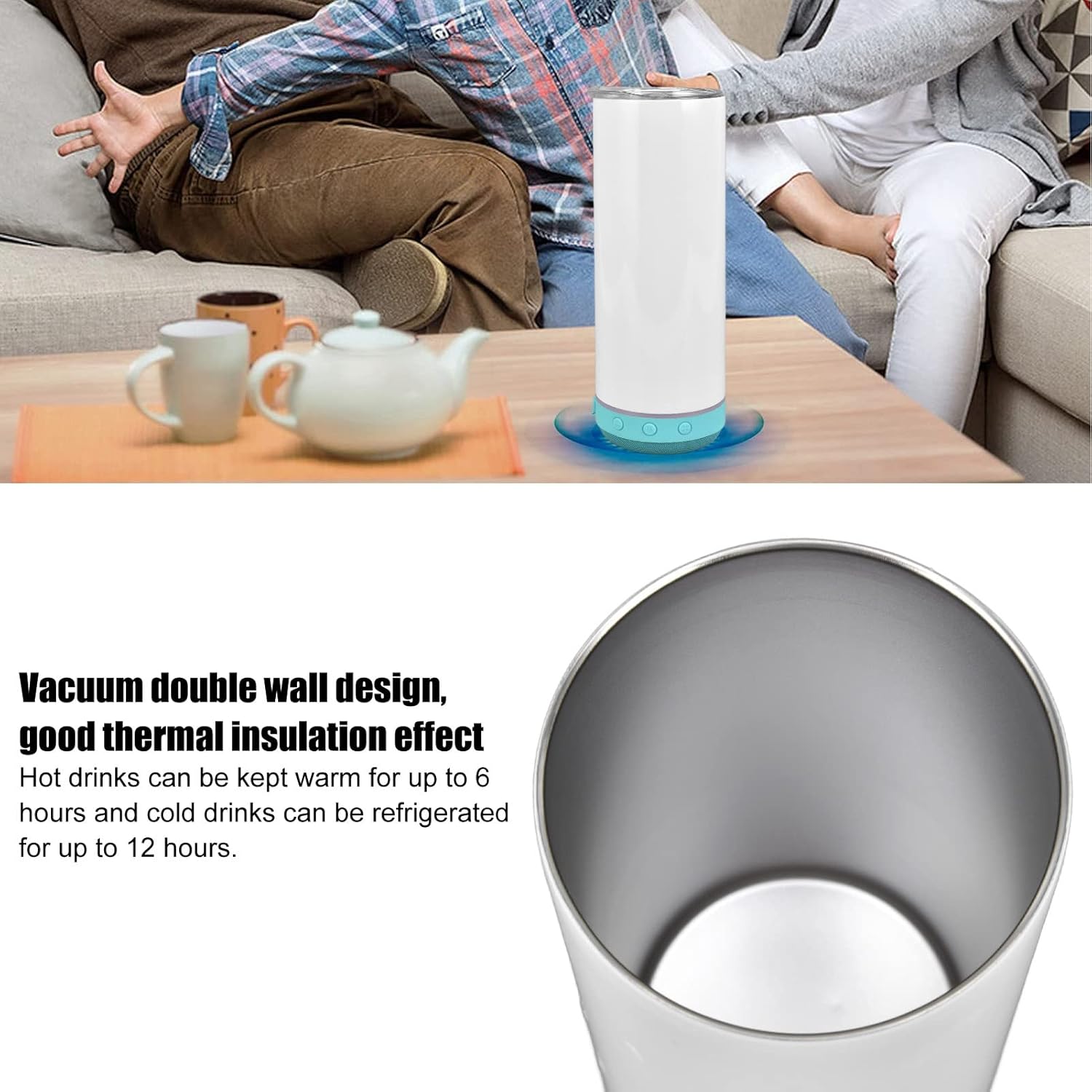 TOPINCN Bluetooth Speaker Cup 20Oz 600Ml Insulation Cup Audio Portable Straight Cup Sublimation for Built in Bottle Stainless Steel with Light Thermoses (Blue Bottom)