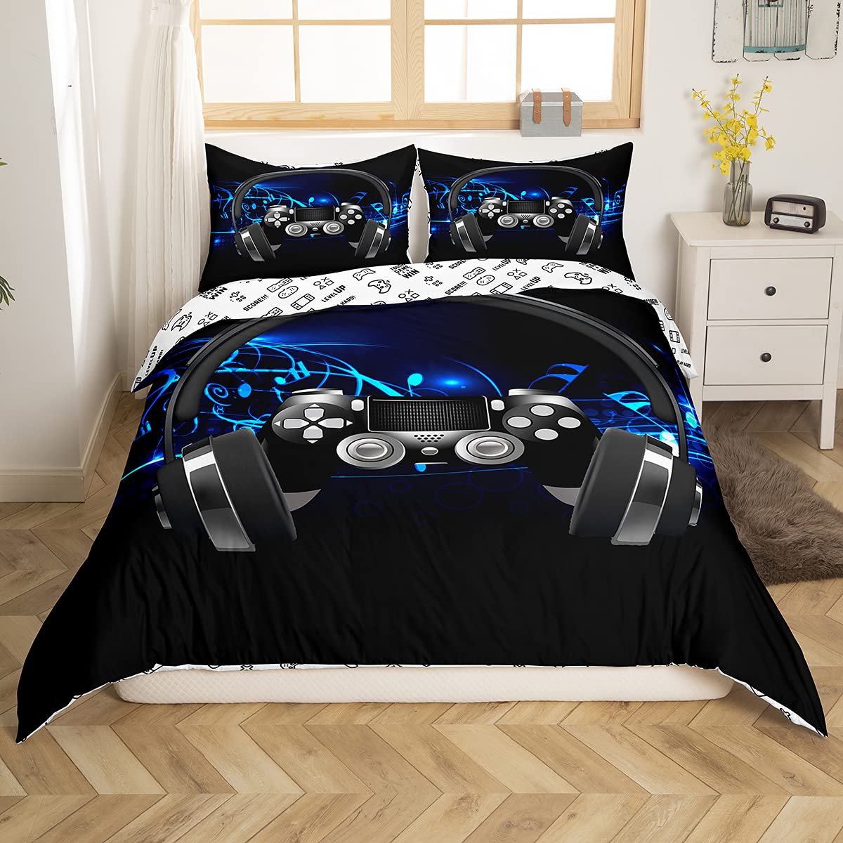 Juego de Ropa de Cama Auriculares Gamepad,de melodía,Funda de edredón niños,Videojuegos,Juego de Juegos,Funda Colcha,colección 2 Unidades,Individual,Color Negro
