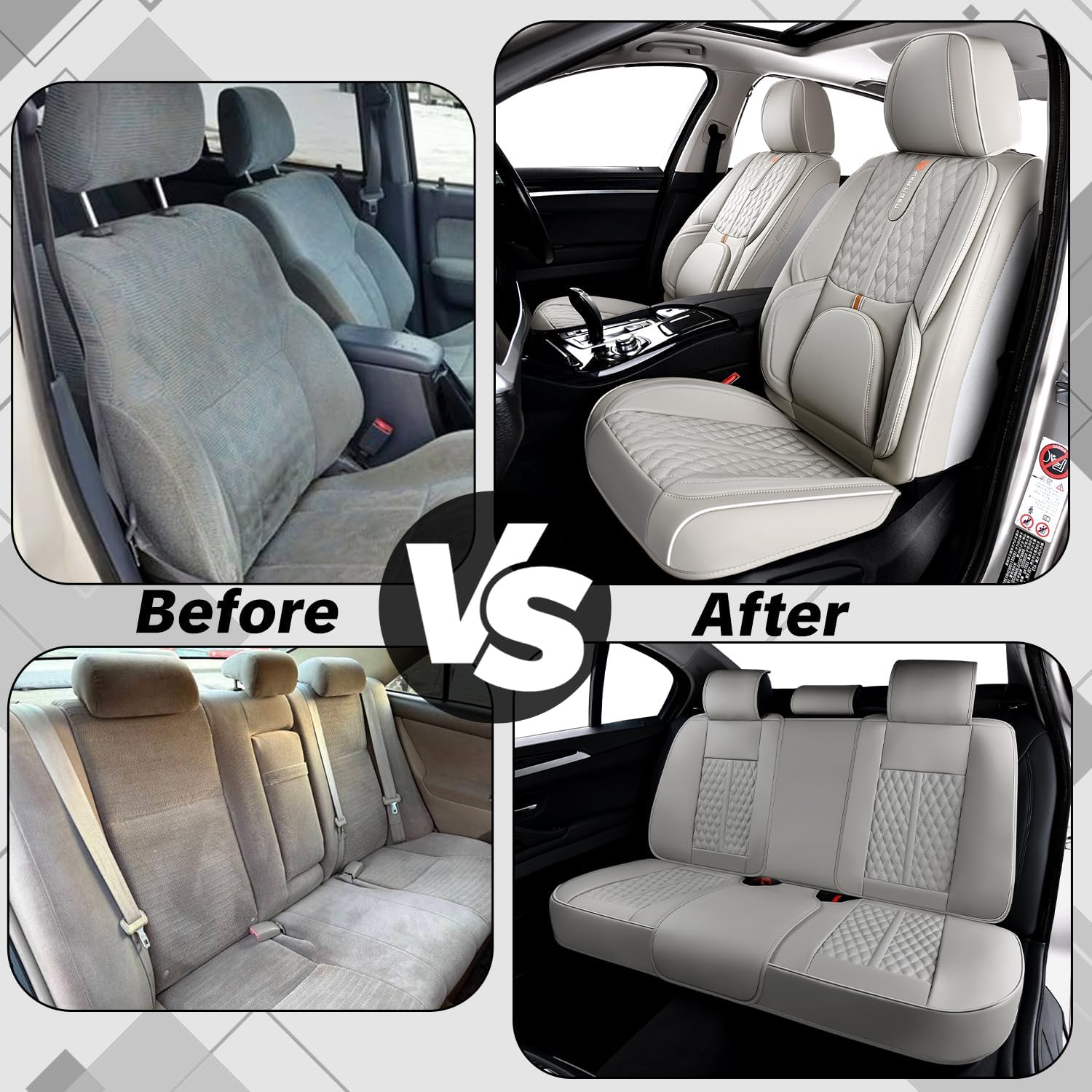 Light Gray Car Seat Covers, Universal Fit for Most Vehicles, Premium Waterproof Leather, Pet-Friendly Car Seat Covers with Lumbar Support, Slip-Resistant, Airbag-Compatible, Protects Car Interior