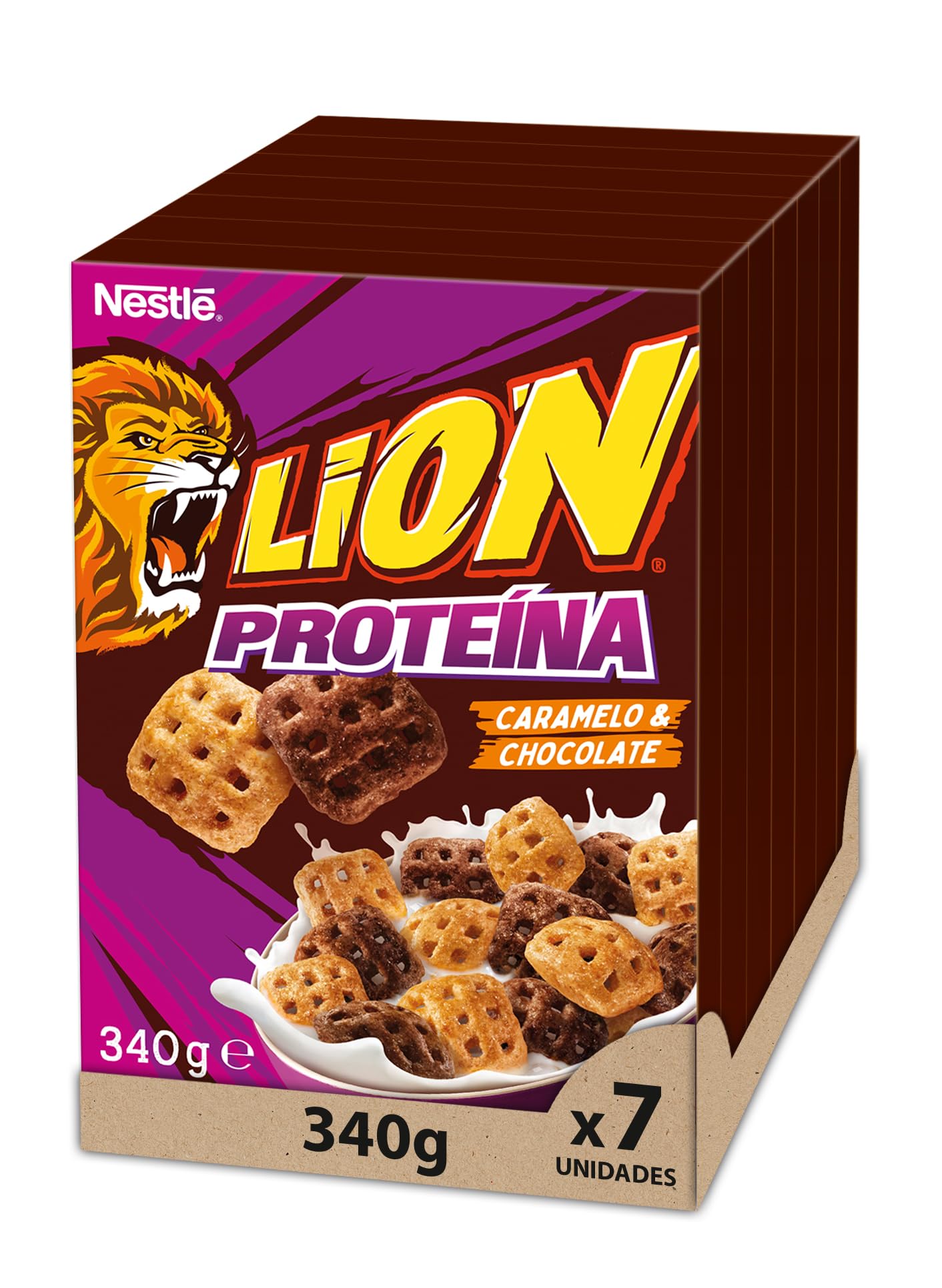 Cereales Nestlé Lion Proteína, Cereales integrales con chocolate y caramelo, 7 estuches de 340g