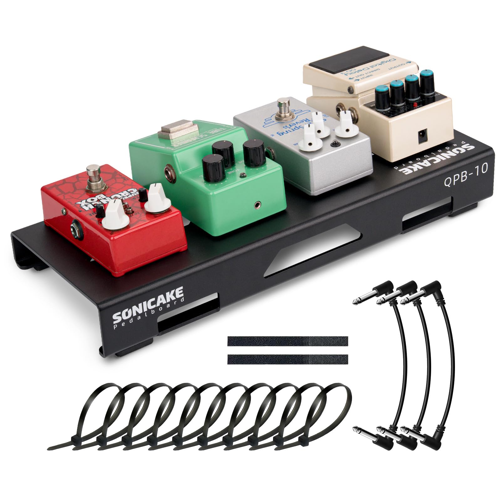 SONICAKE Pedalera Mini para Guitarra de Aleación de Aluminio 36 x 14.5 x 5 cm, Cinta para Pedales, Bridas y Cables de Conexión Negro QPB-10