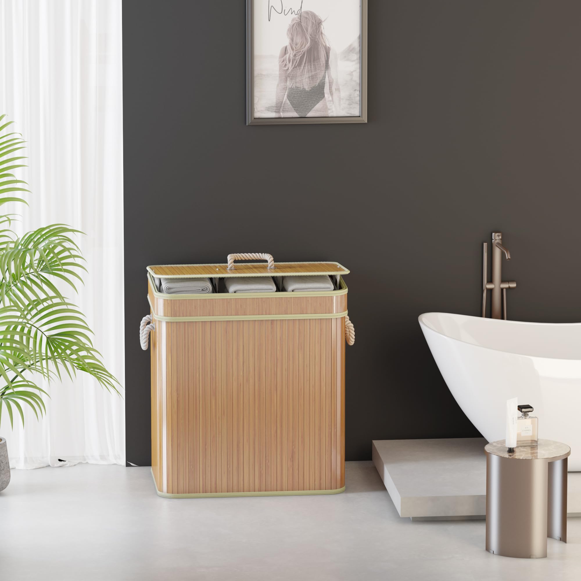 AdelDream Wäschekorb 150L, 3 Fächer Wäschesammler mit Deckel, Bambusoptik | Wäschesortierer 3 x 50L, 3 einzeln herausnehmbare Säcke, faltbar, Naturfarbe