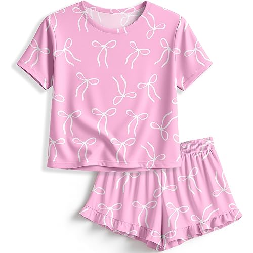 Petite&Me Girls Pajama Set 2 Piece Short Sleeve Top and Shorts Soft Breathable Sleepwear Cute Print Kids Loungewear