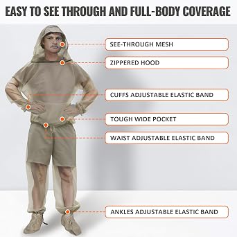 Mosquito Bug Suit for Men Women, 4Pcs Full Body Mosquito Proof Net Clothing