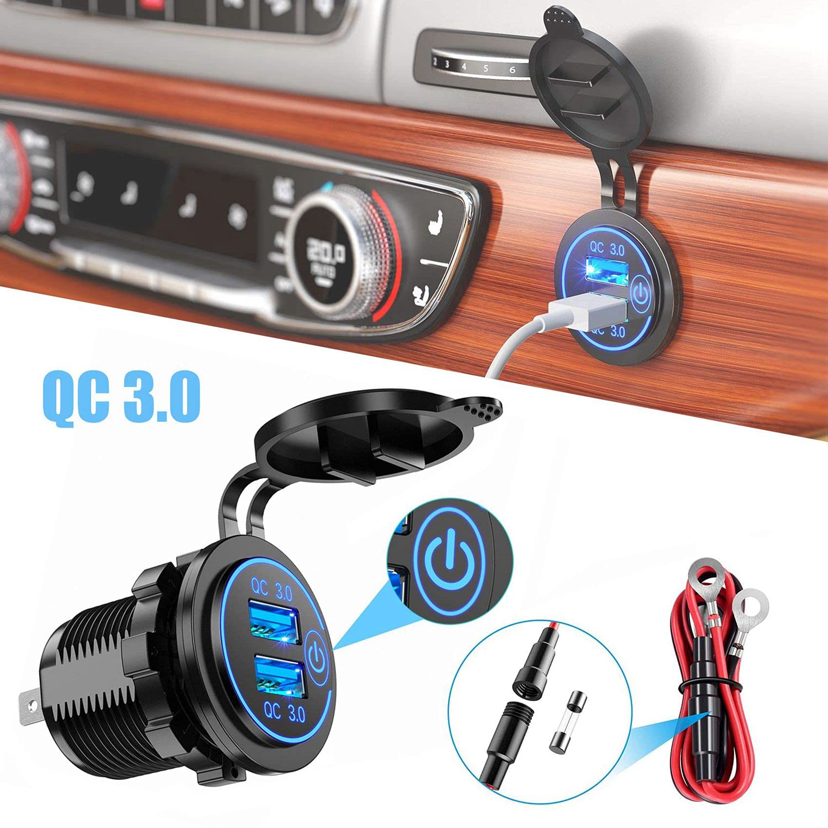 10 x ricarica rapida 3.0 caricatore da auto USB Dual 12 V 36 W caricatore rapido USB interruttore per camion carrello da golf blu