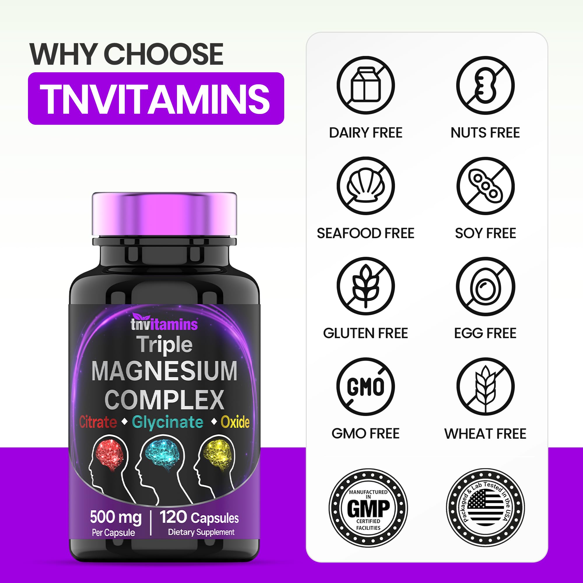 Triple Magnesium Complex Supplement 500mg: Magnesium Glycinate, Citrate, & Oxide - 120 Capsules (4 Month Supply!) | 1 Capsule Serving Provides 125% Daily Value | Non-GMO, Made in the USA! — Amazon image 6