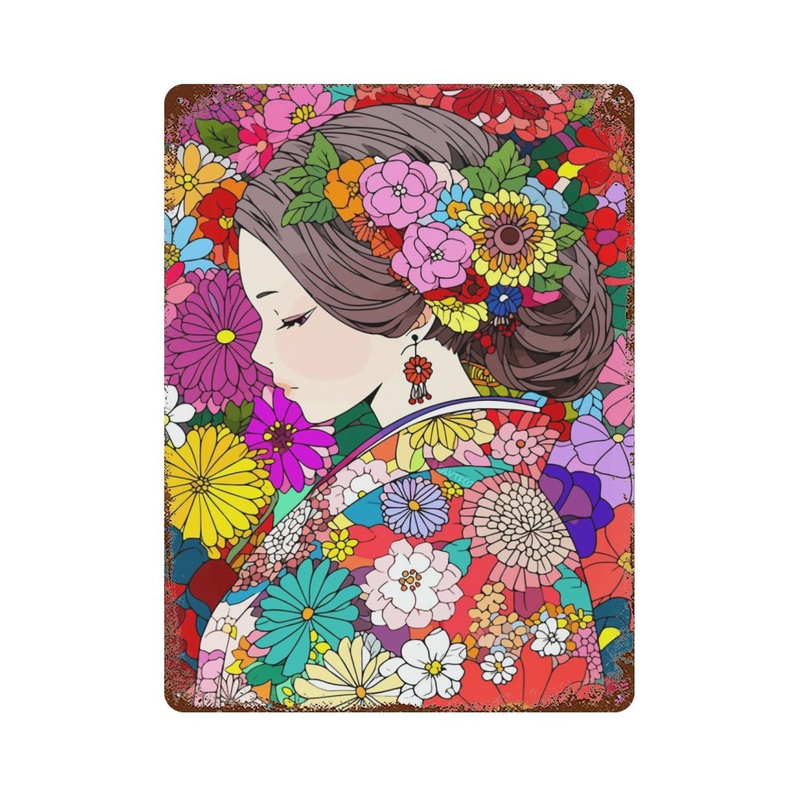 Rust Effect Japan Girl Kimono Floral Distressed Metal Wall Sign 15.7"x11.8", Decorative Metal Wall Art for Living Room, Hallway And Home Decor