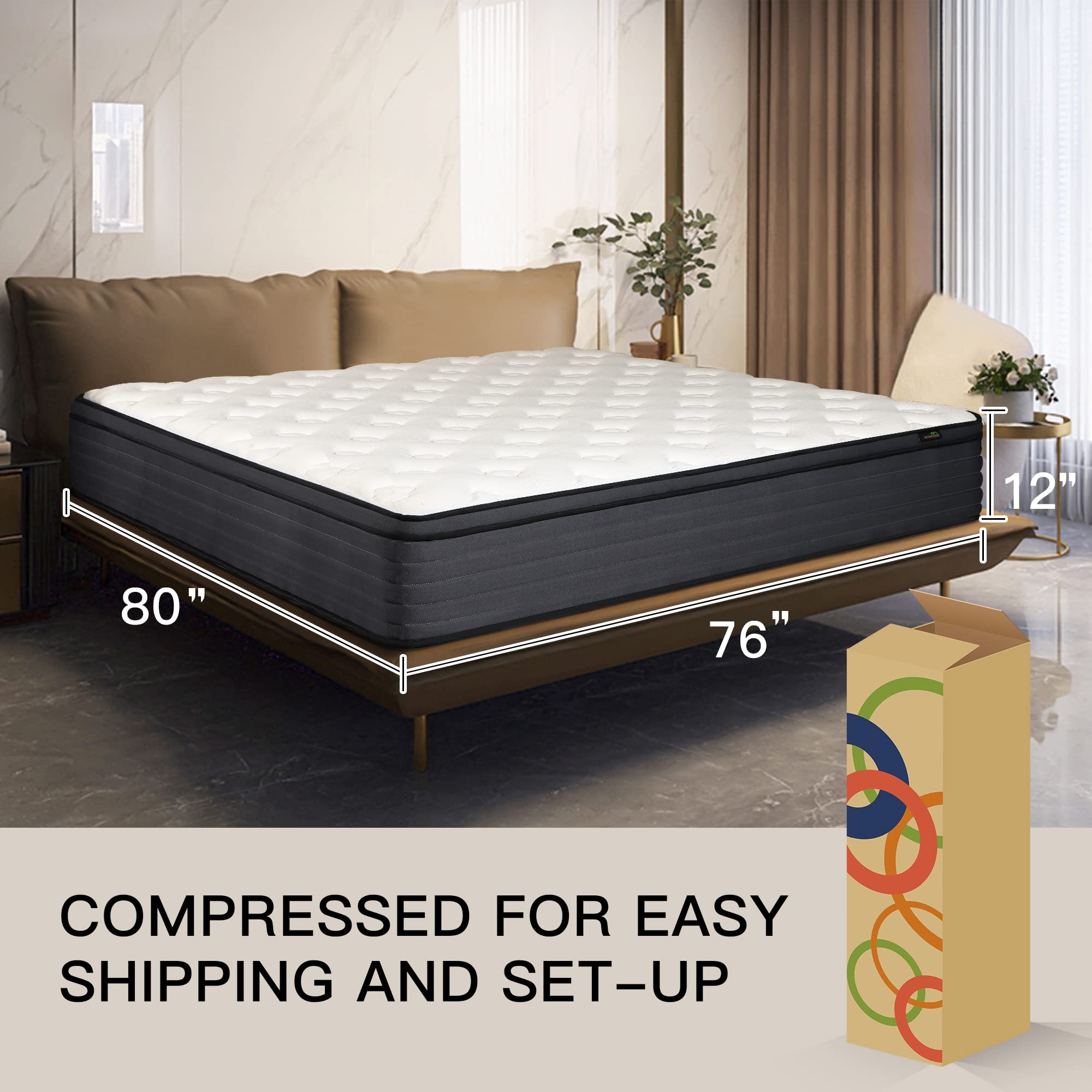 AICEHOME King Mattress, 12 Inch Individual Pocket Springs with Gel