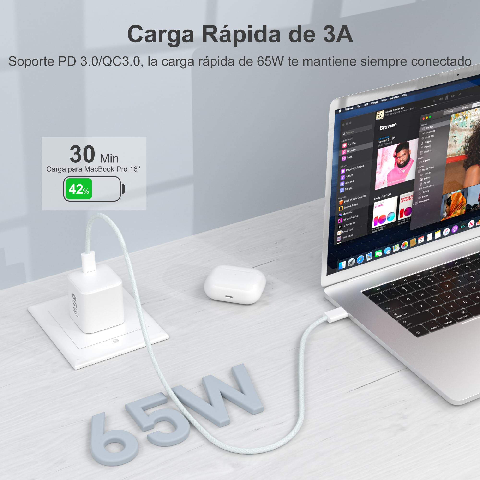 YISH 65W Cargador USB C Carga Rapida：GAN Enchufe Tipo C Cargador PD Cabezal Compatible con iPhone 17 16 15 Samsung S26 S25 S24 MacBook Cargador Movil Carga Rapida USB C Adaptador con 1M Cable Tipo C — view 2