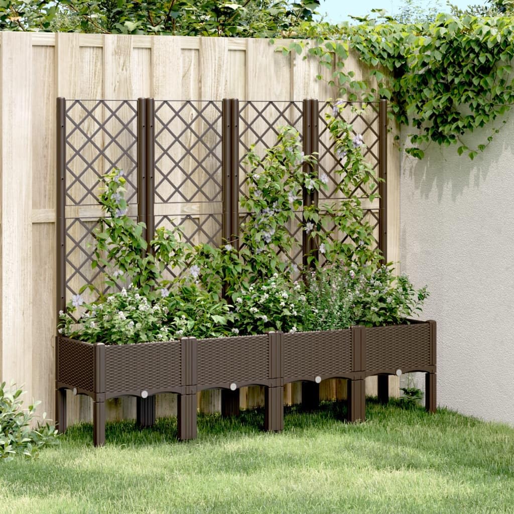 Jardinera con enrejado marrón 160 x 40 x 142 cm, maceta elevada de polipropileno para jardín, balcón y terraza, robusta jardinera con aspecto de ratán para verduras y plantas trepadoras