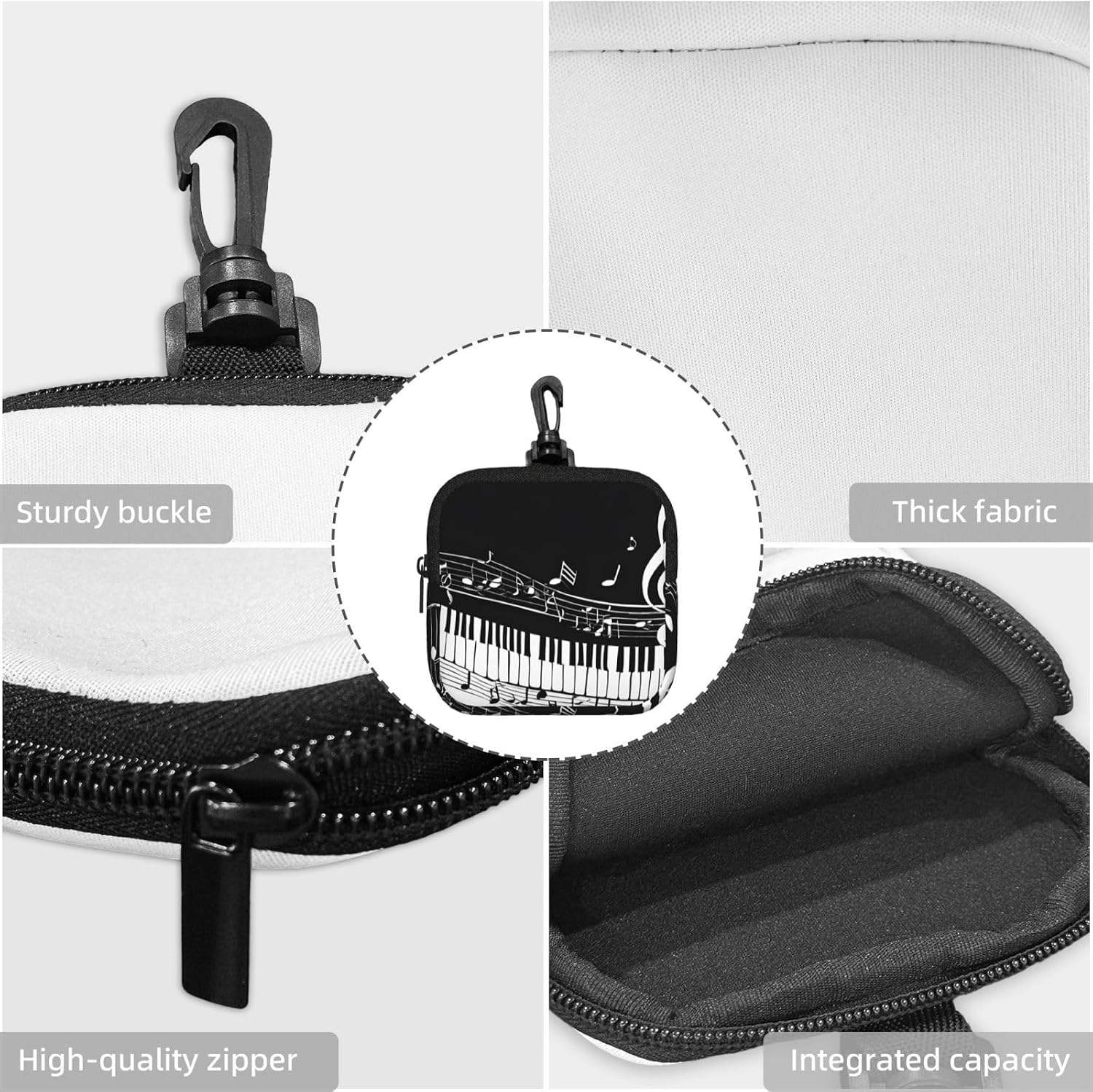 (Black White Music Note) Square Storage Bag Zipper Coin Purse with Clip image 5