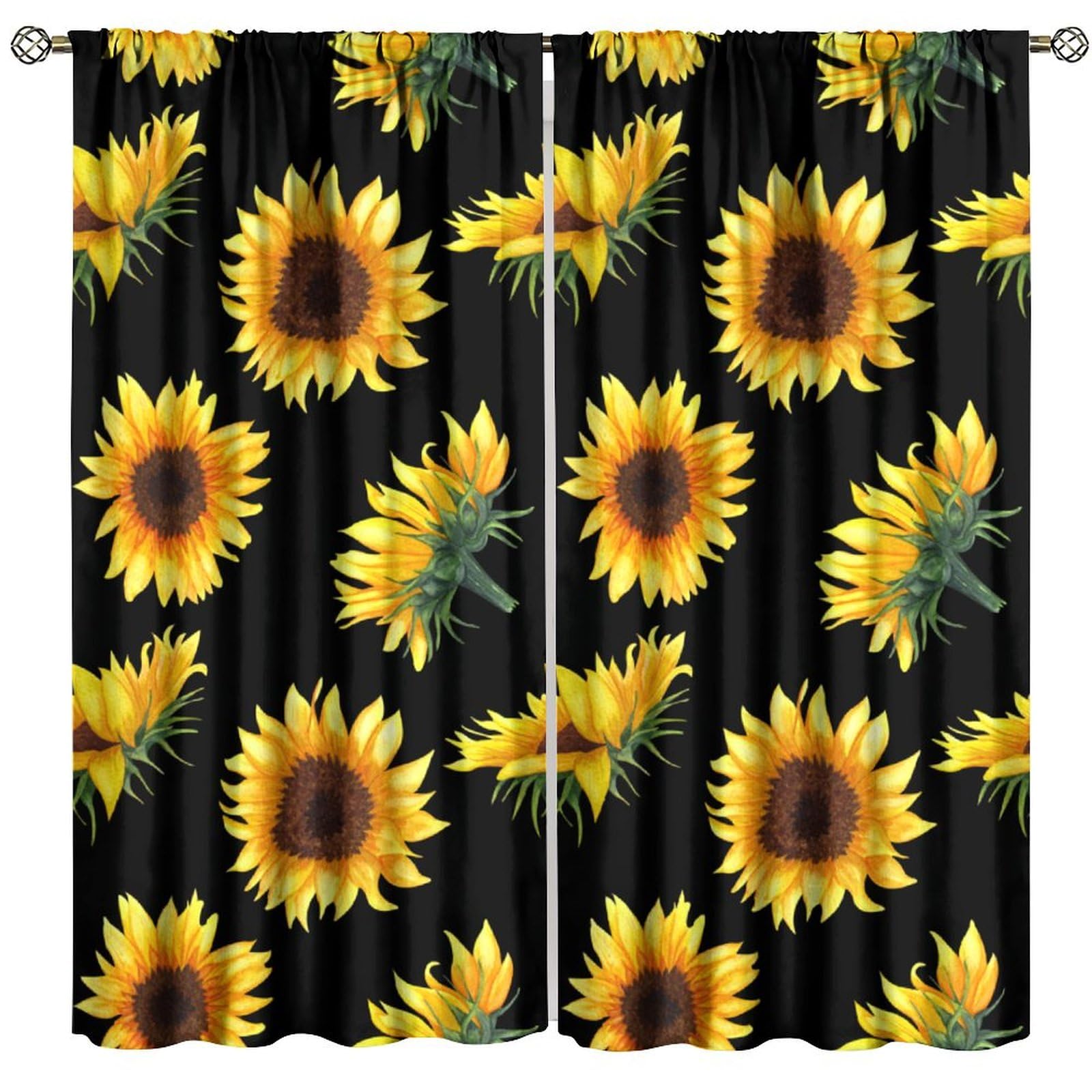 HZOHNAGO Sunflower Curtains Black Farmhouse Floral Pattern Blackout Print Rod Pocket Window Drapes for Bedroom Living Room 42x45in