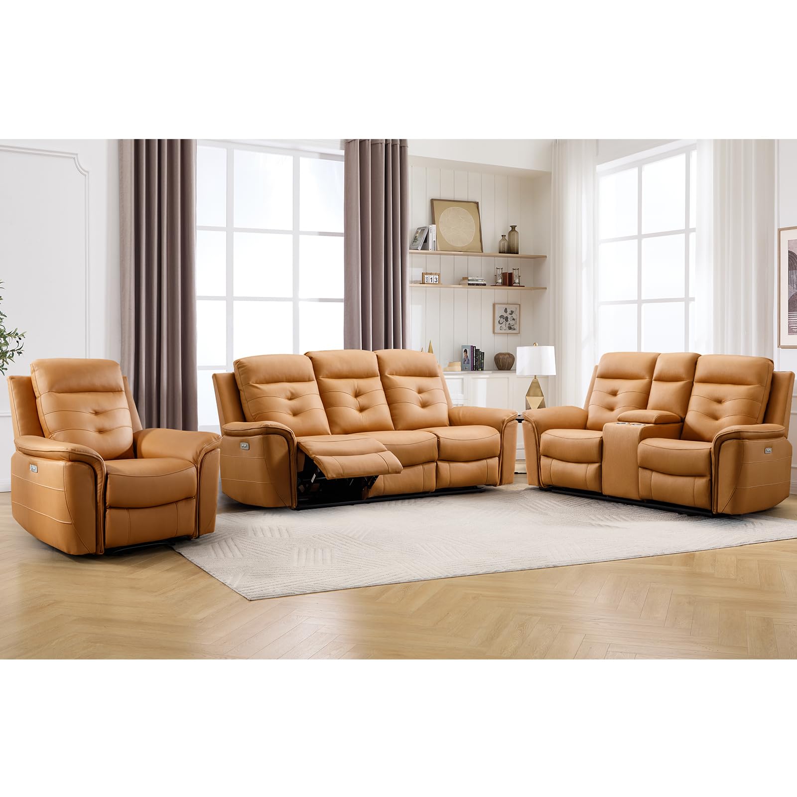 ANJ 3-Piece Power Recliner Sofa Set with Charging Port, Include Single Recliner Chair, 2-Seater Loveseat with Hidden Storage &amp; Cup Holders and 3-Seater Reclining Couch for Living Room, Yellow