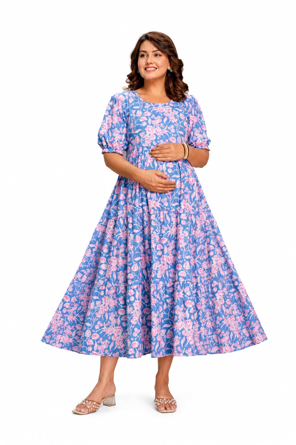 Biffy Women 'S Floral Maternity Maxi Dress for Women | Rayon Anarkali Pregnancy Gown | Nursing Friendly Feeding Dress | Puff Sleeve Full Flare Baby Shower Dress-picture-18