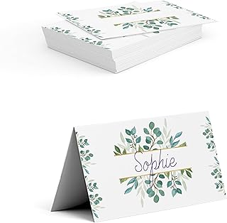 Tischkarten selbst gestalten für Hochzeit, Geburtstag – personalisiert mit Namen des Brautpaares, Datum – Vorderseite zum Beschriften – ab 50 Stück (EUKALYPTUS)