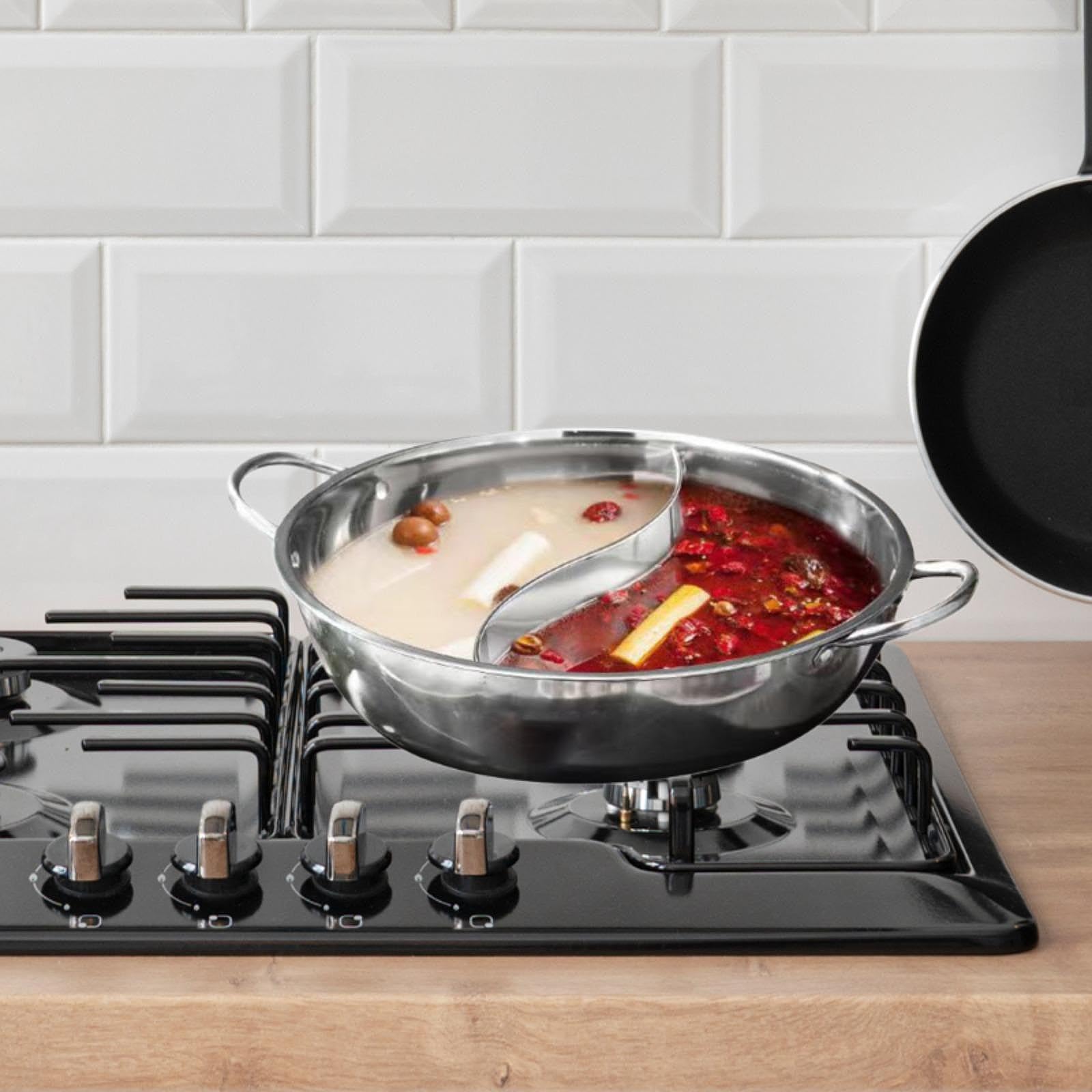 Qianly Shabu Shabu Pot Both Sides Site Shabu Kitchen Cooker Mandarin Duck Pot Hot Pot Cooking Pot Divided Hot Pot for Camping Home, 30cm