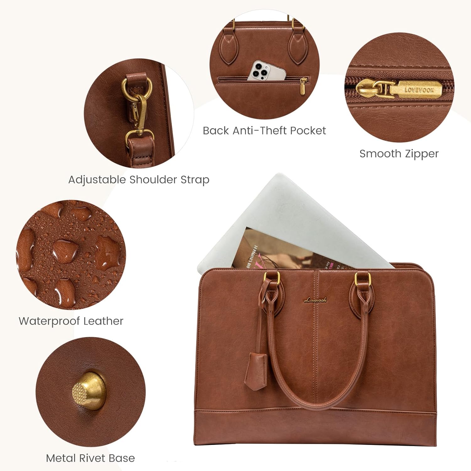 LOVEVOOK Laptop Tote Bag for Women, Vintage Leather Purse, Computer Briefcase, Waterproof Messenger Handbag Satchel Case