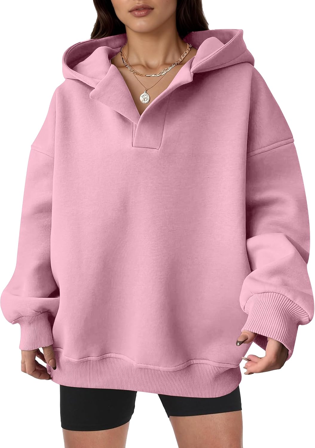 TCHH-DayUp Women's Oversized Fleece Hoodie V-Neck Pullover Long Sleeve Hooded Sweatshirt Pink M
