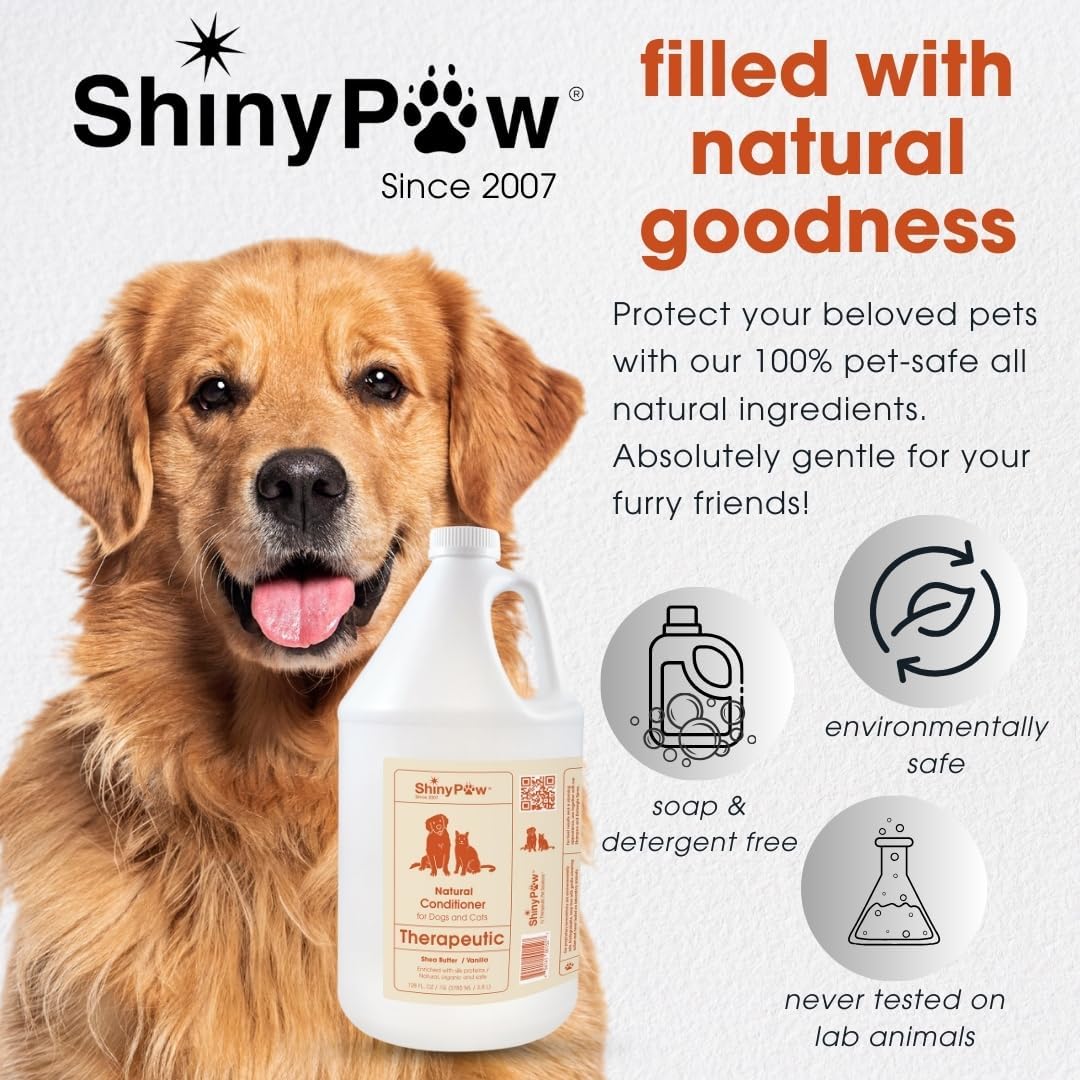 Dog Conditioner for Allergies and Itching 1 Gallon (128 oz) | Shiny Paw Shea Butter & Vanilla Conditioner for Dogs & Cats | Dog Matted Hair Detangler | Made in The USA