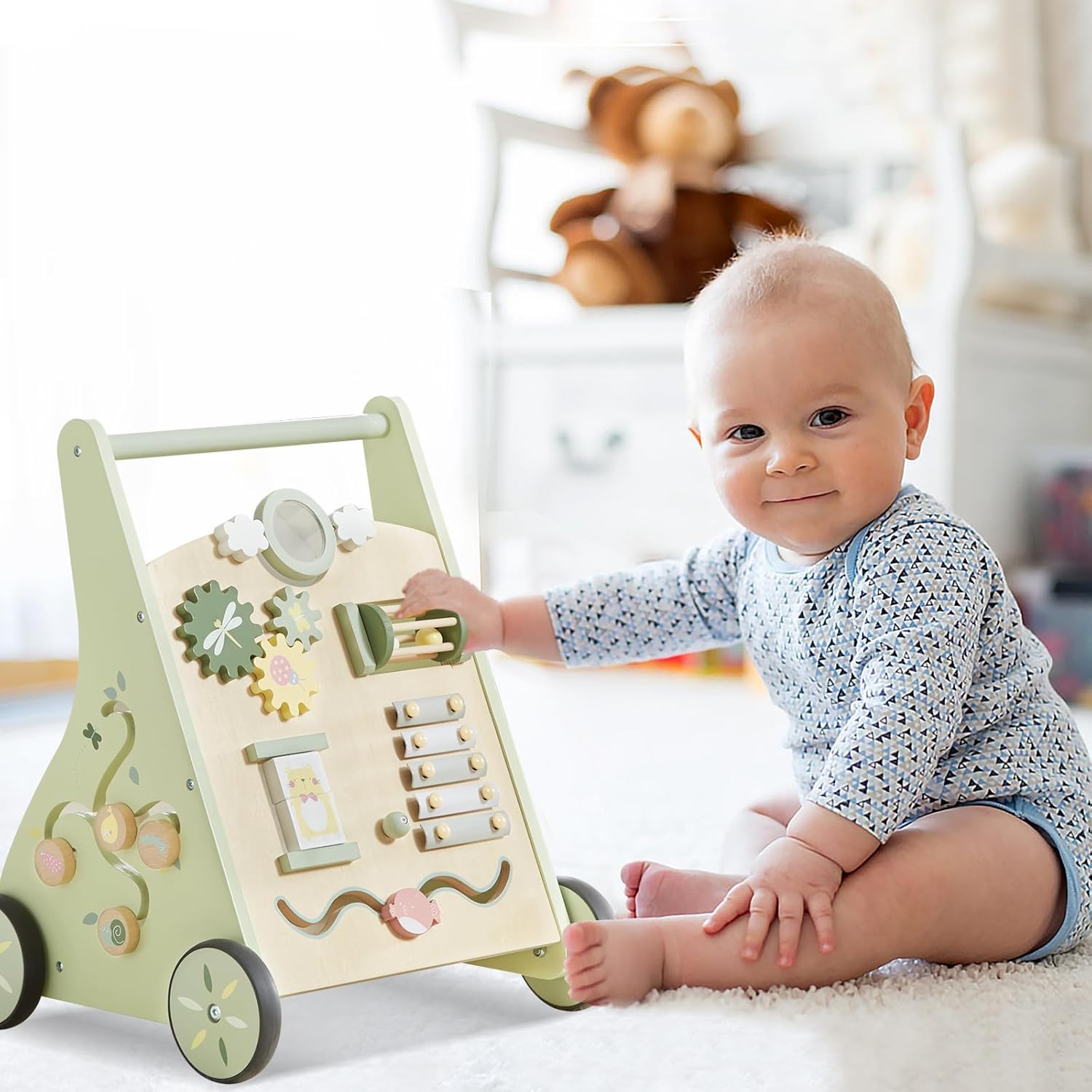 Asweets Andador de Madera para Bebés, Centro de Actividades Múltiples para Niños y Niñas, Juguete Educativo Montessori para Aprender a Sentarse y Pararse de 12 Meses (Verde)