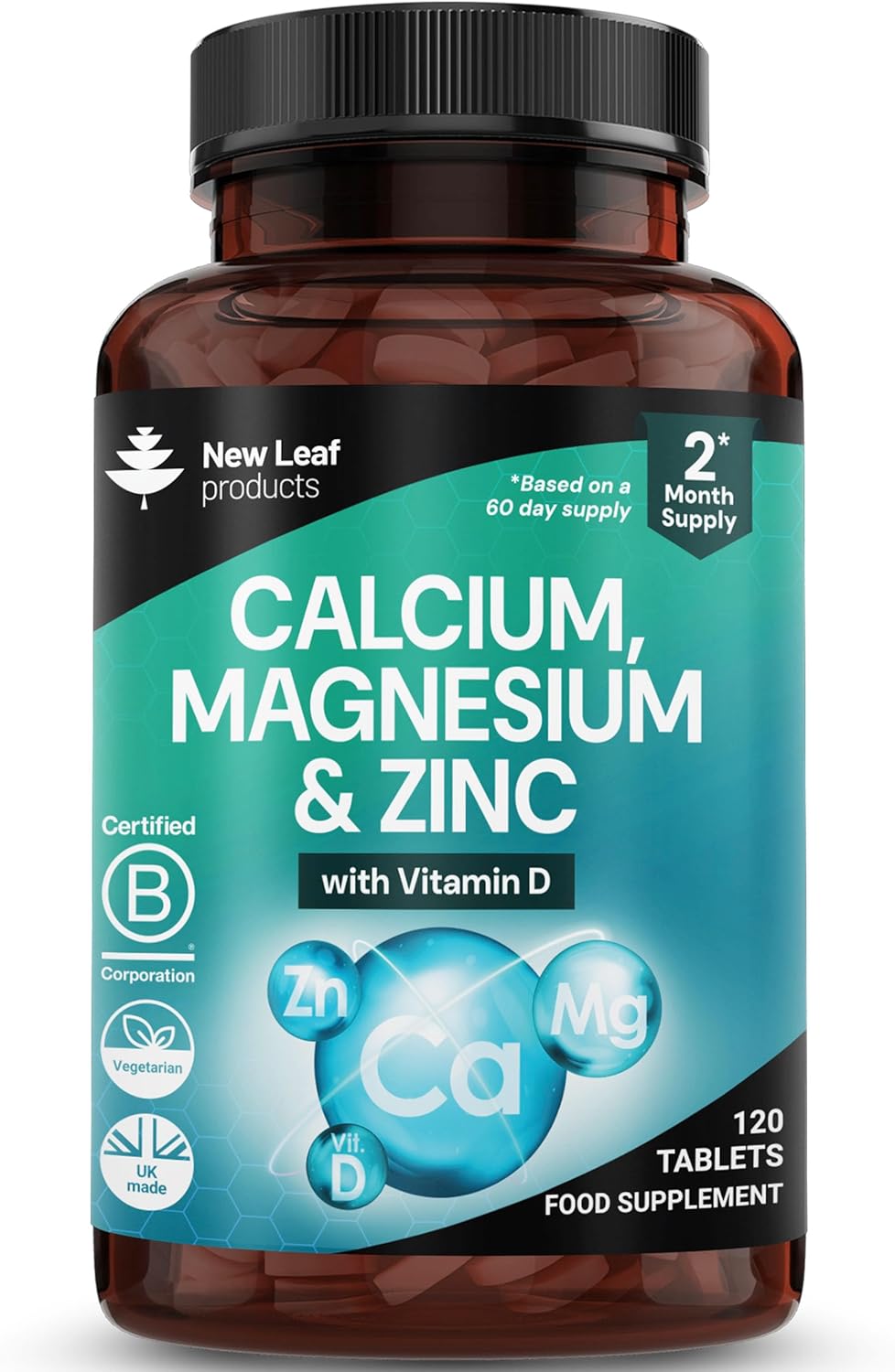 Calcium Magnesium Zinc and Vitamin D Supplement – 120 High Strength Tablets Supplement with Magnesium Vitamin D, Zinc Tablets Complex Made in The UK by New Leaf