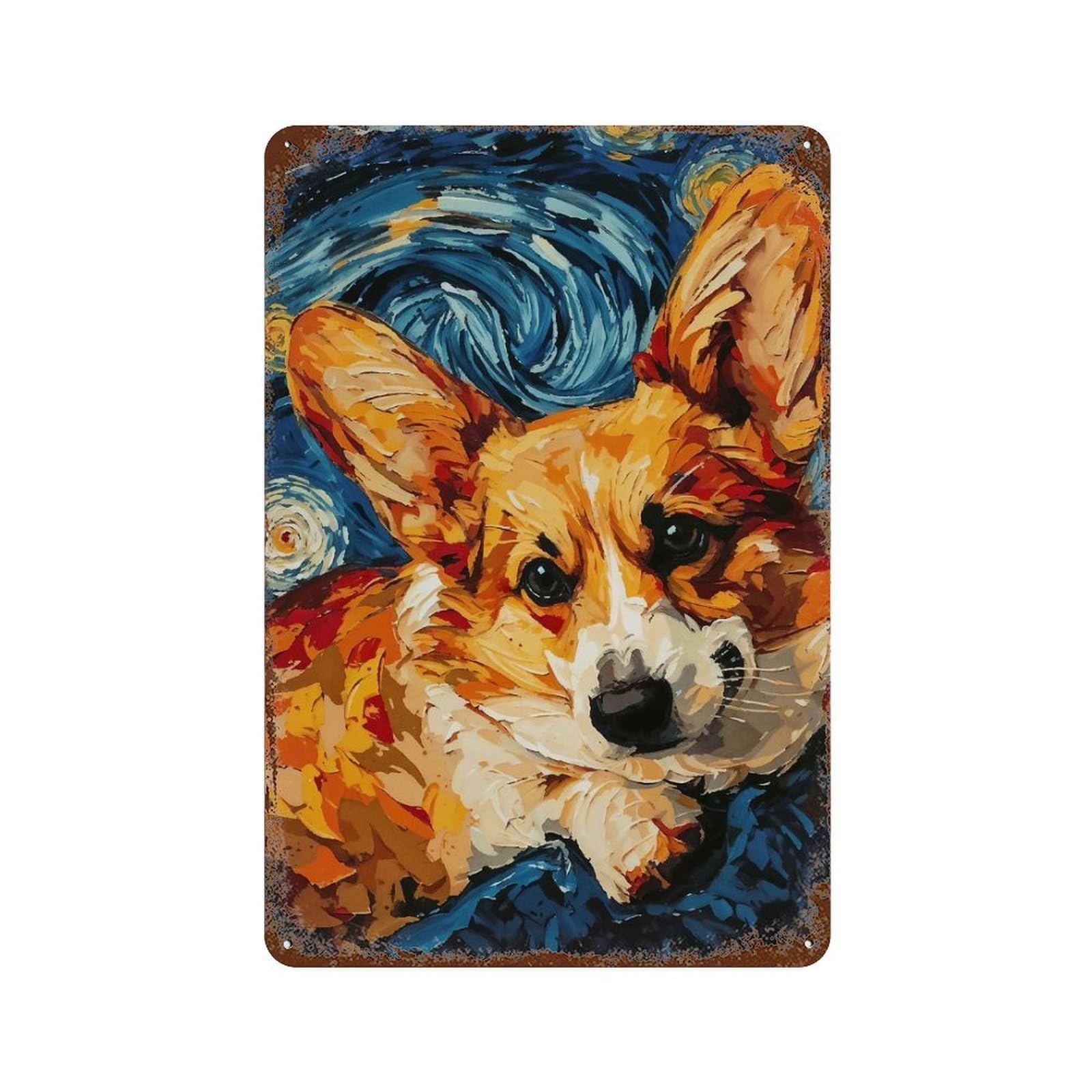 Corgi Vangogh Rusty Metal Tin Sign 11.8"x7.9", Ideal for Office, Studio And Wall Decor