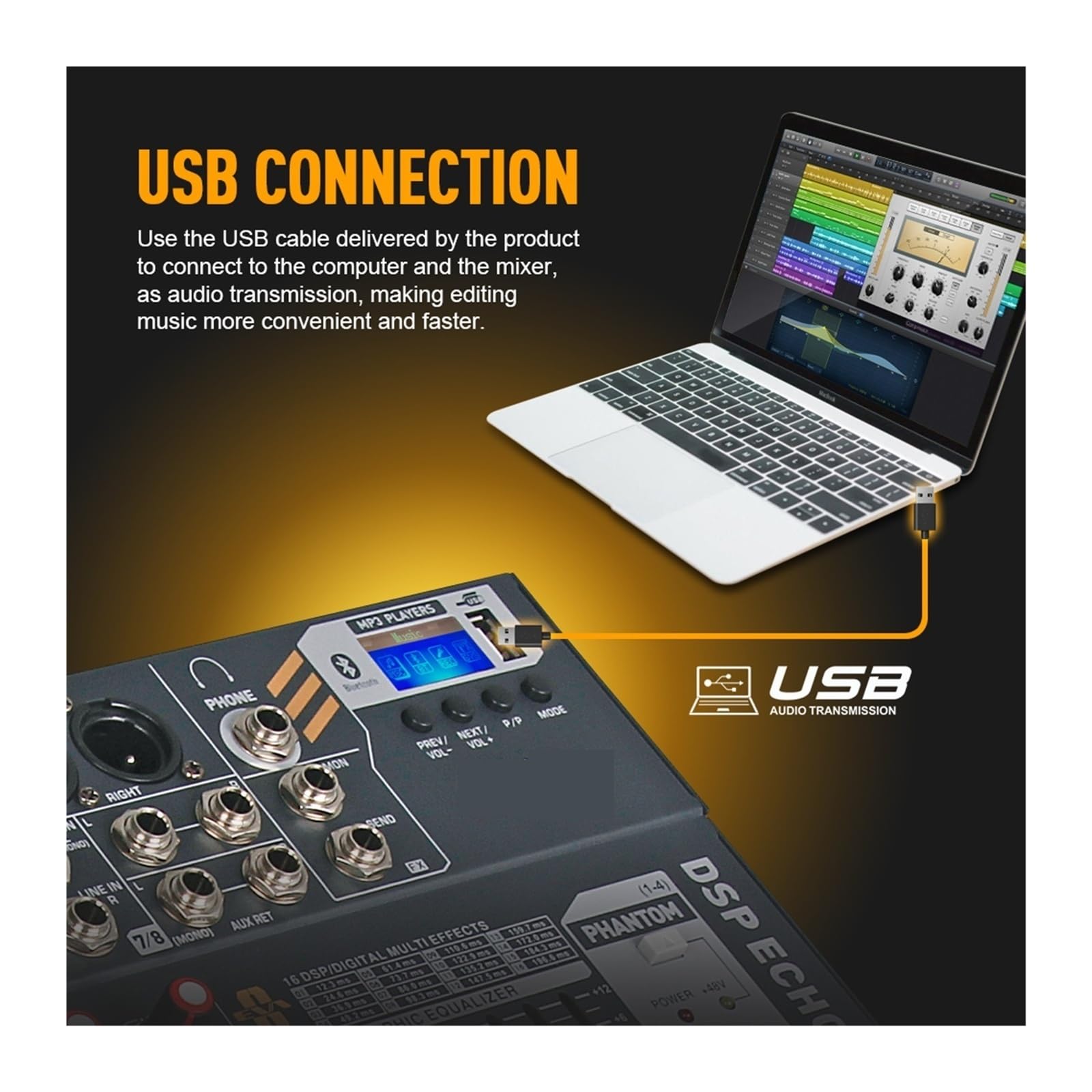 Mezclador de audio, ¡Sonido limpio! Mezclador DJ de 12 canales con alimentación Phantom 48 V y USB for grabación en escenario Para karaoke en estudio