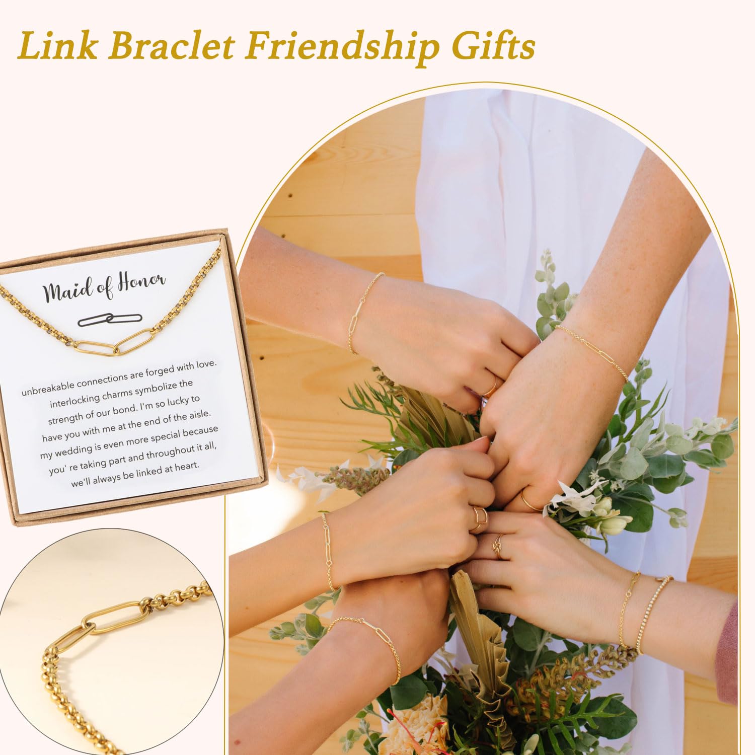 Stainless Steel Link Bracelets for Maid of Honor Bridesmaid, 18K Gold Plated Bracelet Friendship Couples Gifts for Bestie Best Friend