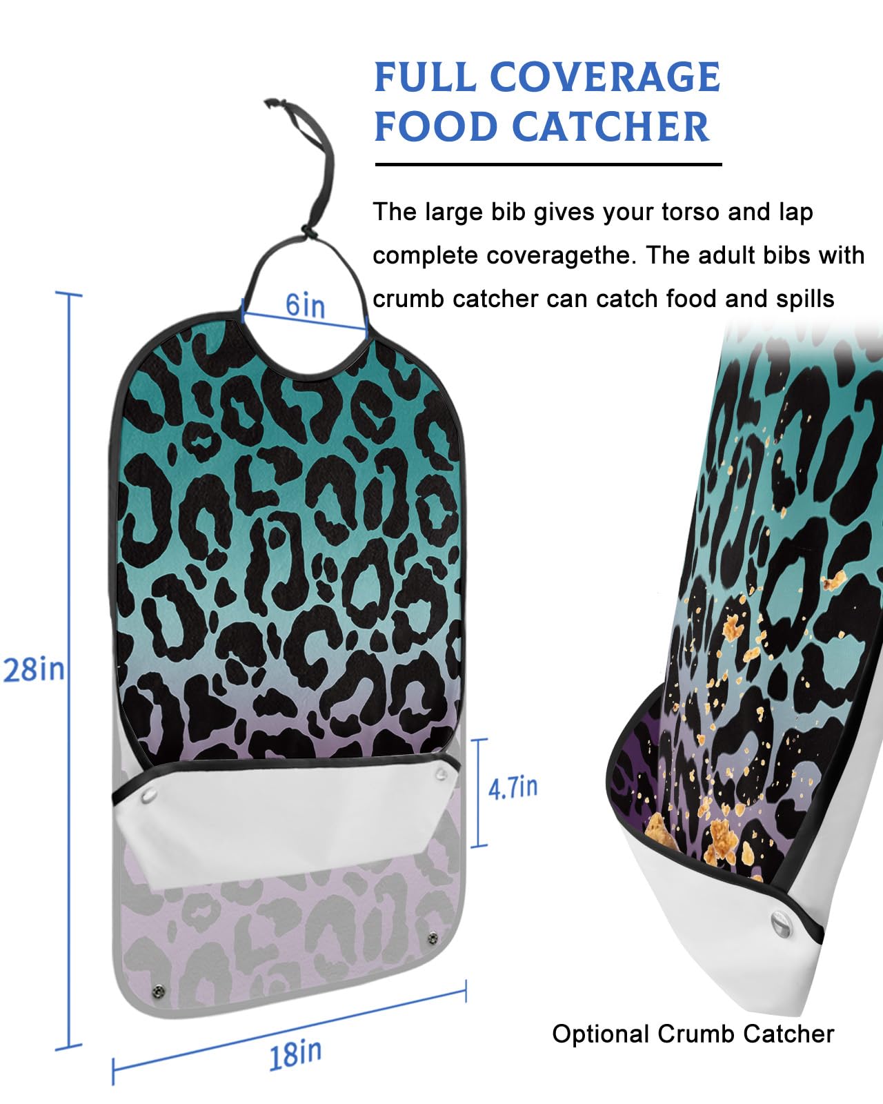LEOKOTI Teal Purple Ombre Leopard Adult Bibs for Eating, Waterproof Bibs with Food Catcher & Adjustable Snap Closure, Modern Cheetah Abstract Art Aesthetics Clothing Protectors Adult Bibs for Elderly