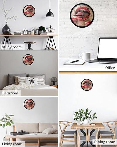 Miniatura 4 de Houseall Reloj de pared de 10 pulgadas, silencioso, sin tictac, sexy, labios rojos, cereza, funciona con pilas, reloj de pared redondo decorativo