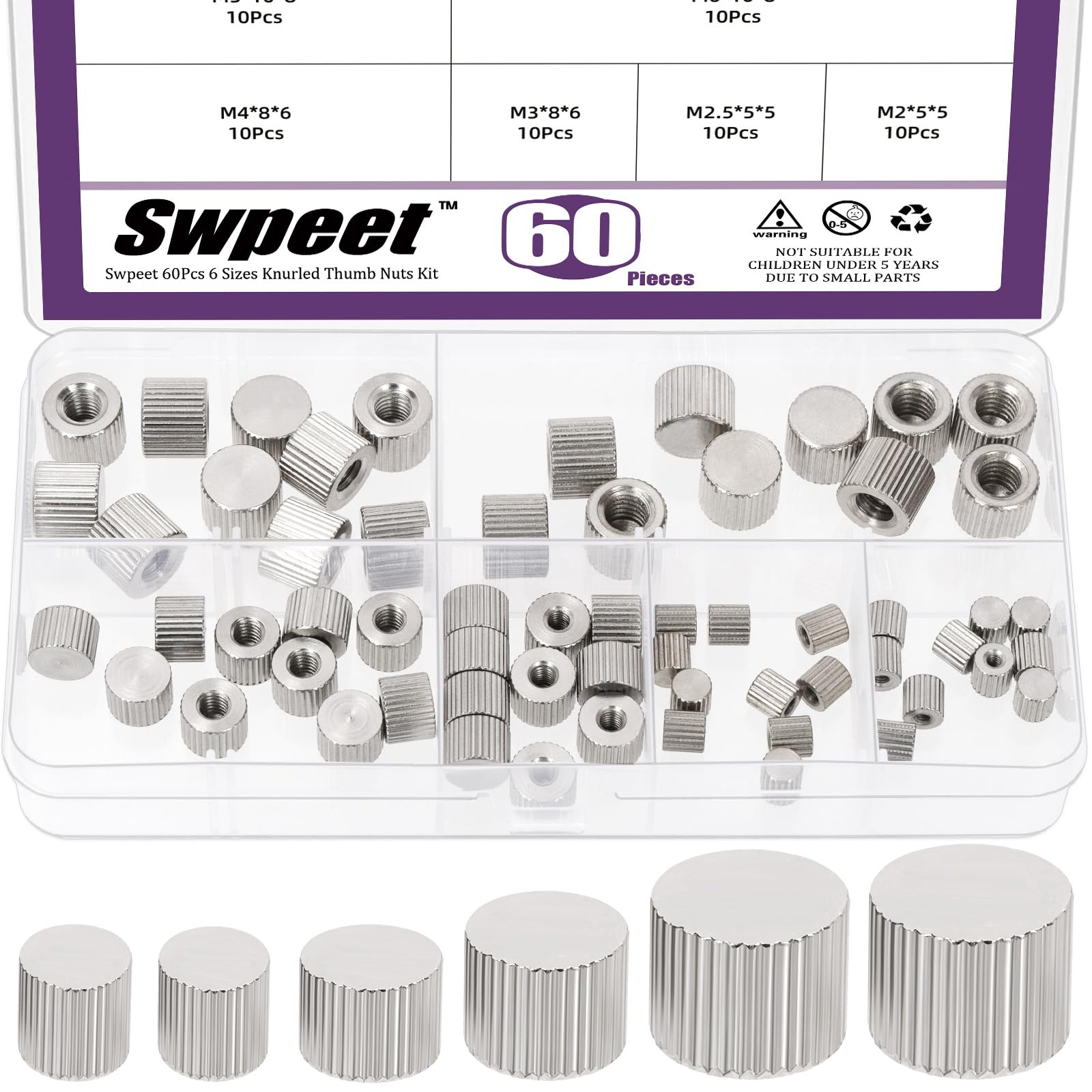 Swpeet 60Pcs 6 Sizes M2 M2.5 M3 M4 M5 M6 Carbon Steel Flat Head Blind Hole Knurled Thumb Nuts Kit, Female Thread Round Knurled Thumb Nuts, Hand Tighten Knob Fasteners for Locking Adjustment