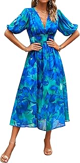UEAL Womens Floral Flowy Wrap V Neck Midi Dress Short Sleeve Elastic Waist Casual Spring Summer Dresses for Women 2025