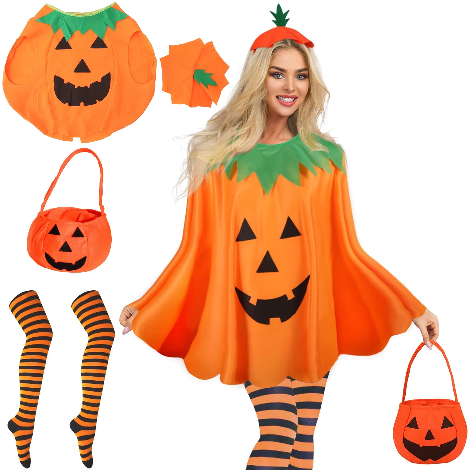 3 Pcs Halloween Pumpkin Costumes Unisex Includes Funny Pumpkin Dress With Hat and Orange and Black Striped Knee Socks Cosplay Cute Costume Trick Or Treat Bag Teens, Women, Men, Ghost Festival One Size